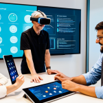A diverse group of individuals from different generations (young adult, middle-aged, senior) collaborating and learning together in a modern, well-lit educational hub. One person wears a VR headset, another interacts with a large touch screen displaying data, while others are engaged in a discussion around a table with tablets. The atmosphere is vibrant and collaborative, emphasizing technology as a bridge between learning styles. All subjects are fully clothed in professional, appropriate attire, expressing focus and engagement. The scene depicts perfect anatomy, correct proportions, well-formed hands, proper finger count, natural body proportions, and a natural pose. This is a high-quality professional photograph, safe for work, appropriate content, fully clothed, modest, family-friendly.