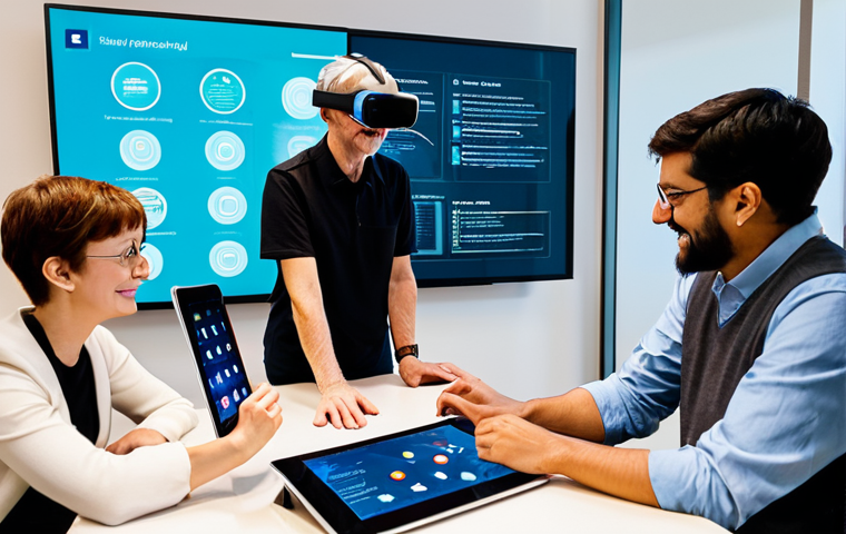 A diverse group of individuals from different generations (young adult, middle-aged, senior) collaborating and learning together in a modern, well-lit educational hub. One person wears a VR headset, another interacts with a large touch screen displaying data, while others are engaged in a discussion around a table with tablets. The atmosphere is vibrant and collaborative, emphasizing technology as a bridge between learning styles. All subjects are fully clothed in professional, appropriate attire, expressing focus and engagement. The scene depicts perfect anatomy, correct proportions, well-formed hands, proper finger count, natural body proportions, and a natural pose. This is a high-quality professional photograph, safe for work, appropriate content, fully clothed, modest, family-friendly.