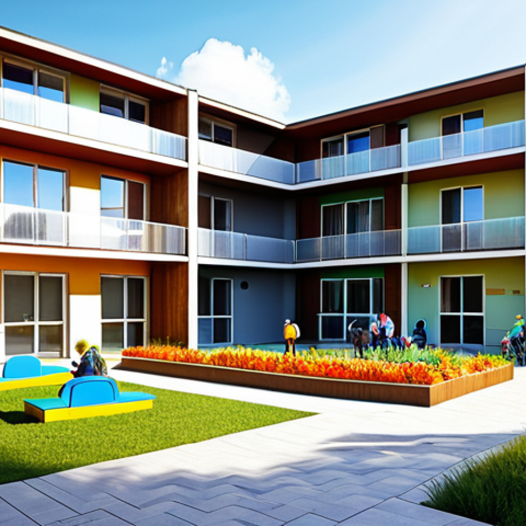 혼합 세대 문화와 사회 통합 - A bright, modern architectural rendering of a multi-generational integrated community housing comple...