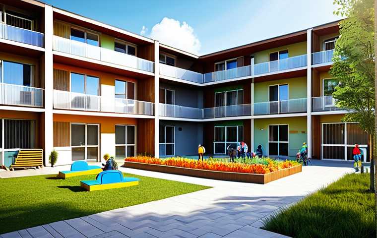 혼합 세대 문화와 사회 통합 - A bright, modern architectural rendering of a multi-generational integrated community housing comple...