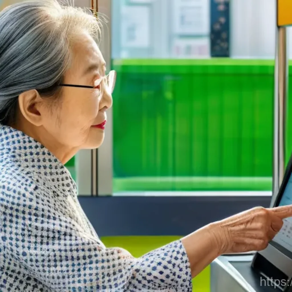 혼합 세대 문화와 디지털 교육 - **Image Prompt 1: An elderly Korean woman navigating a self-service kiosk.**
Detailed descriptio...