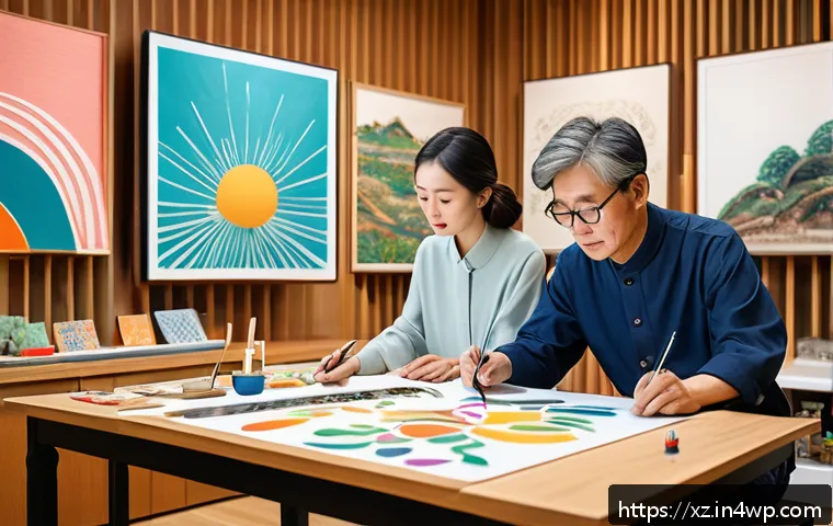 혼합 세대 문화의 예술적 표현 - A vibrant multi-generational art studio scene where young artists in their 20s collaborate with trad...